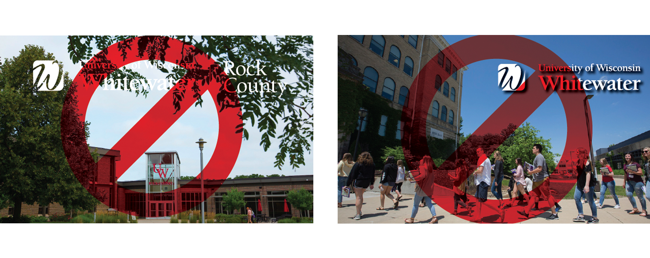 UW-Whitewater logo over two busy backgrounds.