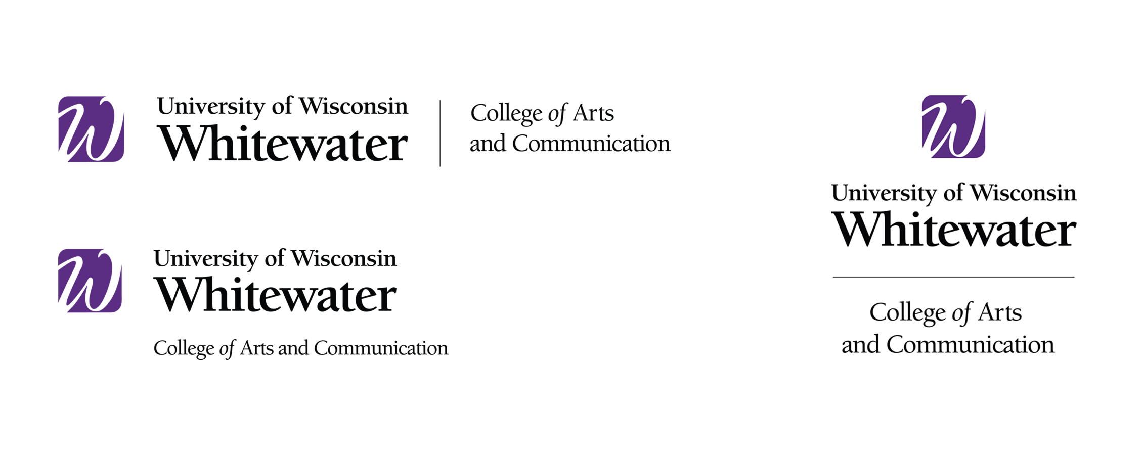 Three variations of the UW-Whitewater College of Arts and Communication logo.