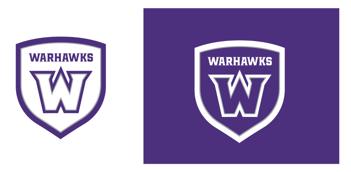 Purple and white graphic shield with W.