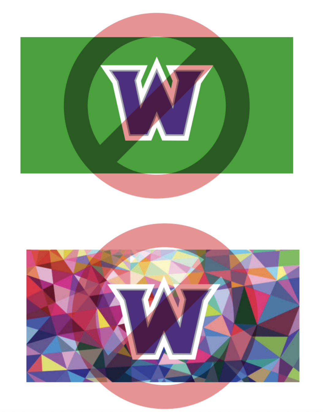 Lettermark on green background and multi-color background.