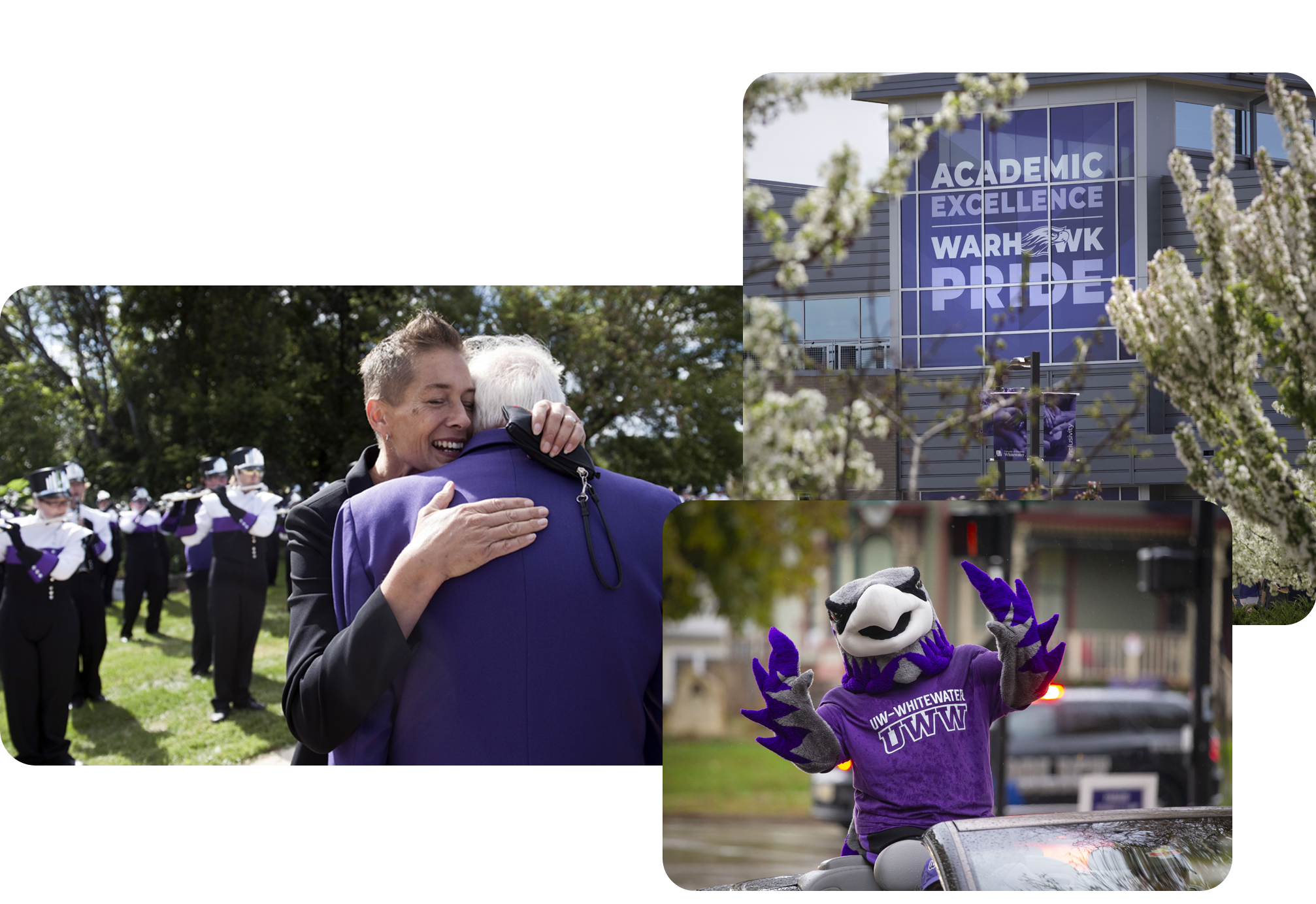Collage of woman hugging man, university building, and Willie Warhawk mascot.